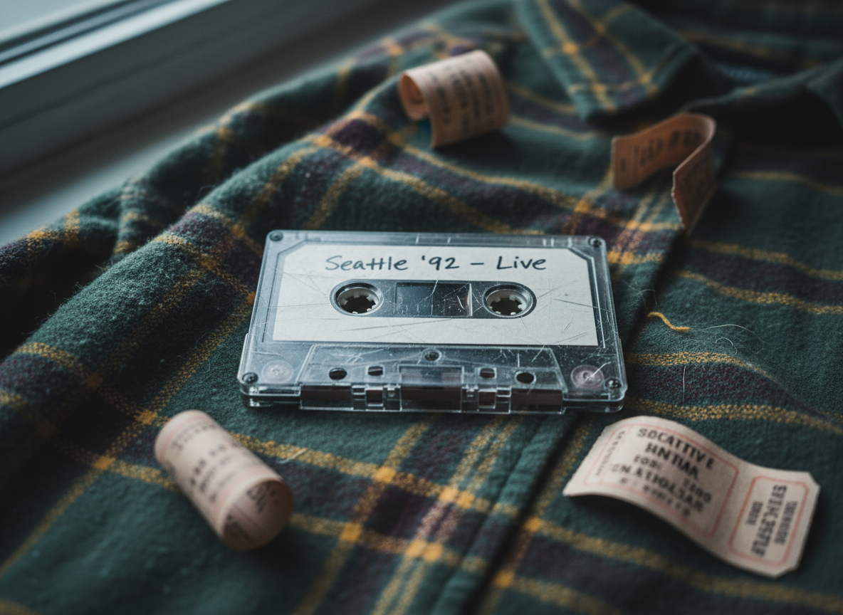 A close-up, photographic realism shot of a worn cassette tape labeled “Seattle ’92 – Live” in shaky black marker, its clear plastic case spiderwebbed with fine scratches. The cassette rests on a faded flannel shirt in muted forest green, mustard, and burgundy, the fabric’s soft, pilled texture clearly visible. Around it lie scattered ticket stubs from tiny Seattle venues, their edges browned and curling. Soft, cool window light from the left creates gentle highlights on the cassette’s plastic edges and subtle shadows in the shirt’s folds, evoking a melancholic, archival feel. Composed from a slightly overhead, intimate angle with shallow depth of field, the focus stays on the tape’s label while the ephemera melt into a hazy background, suggesting personal relics of the grunge era.